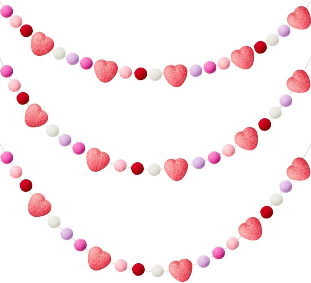 3 Pieces Valentine's Day Felt Garlands Colorful Ball and Heart Garlands 6.5 Feet Long Felt Banner... | Amazon (US)