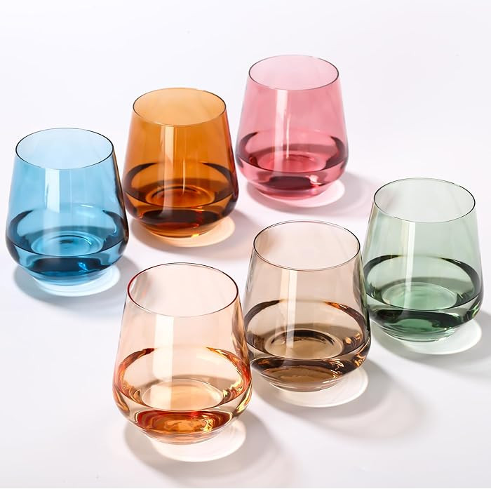 Colored Stemless Wine Glasses Set of 6 - Colorful Stemless Drinking Glasses 17oz, Stemless Glassw... | Amazon (US)
