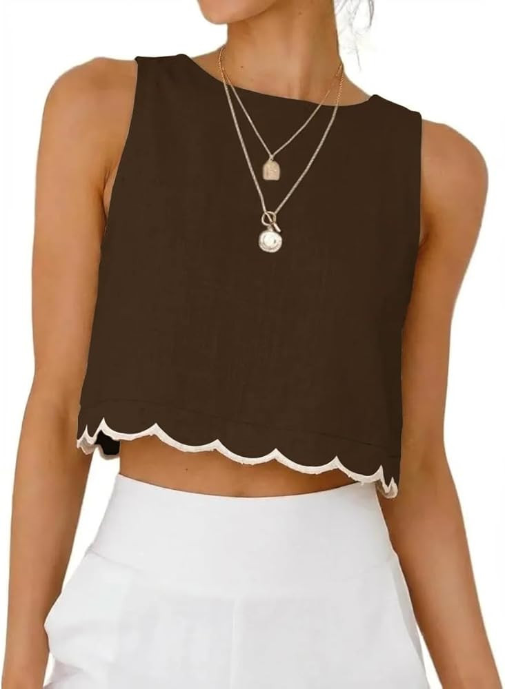 IDEALSANXUN Womens High Neck Linen Tank Tops Spring Summer Scallop Hem Cropped Sleeveless Shirts ... | Amazon (US)