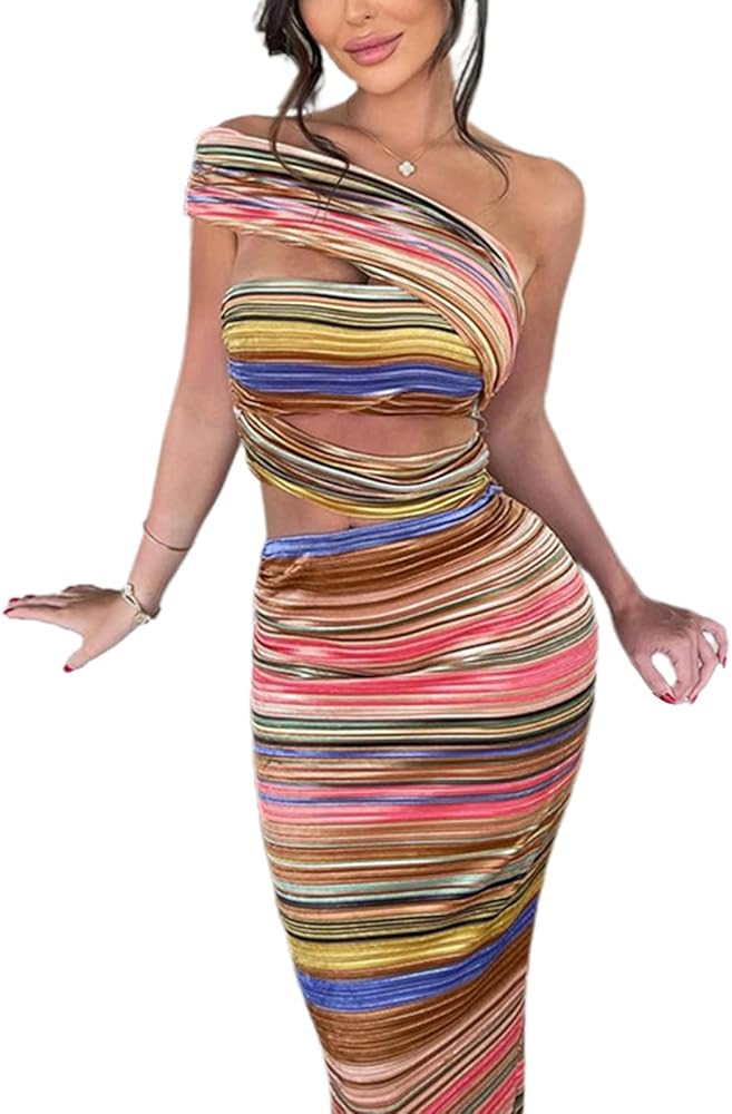 Archipere Women Striped Bodycon Dress Summer Irregular Cutout One Shoulder Sleeveless Beach Party... | Amazon (US)