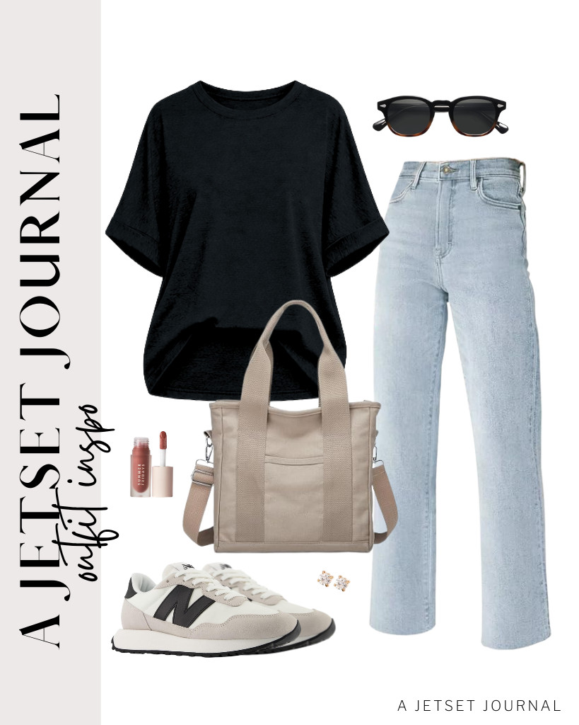 We love this last outfit combination of a black oversized tee and KDF jeans. Adding this small tote bag to the fit is a great idea. You can wear these New Balance sneakers and BBTO stud earrings to complete the look. 

 #LTKSeasonal #LTKSaleAlert #LTKTravel