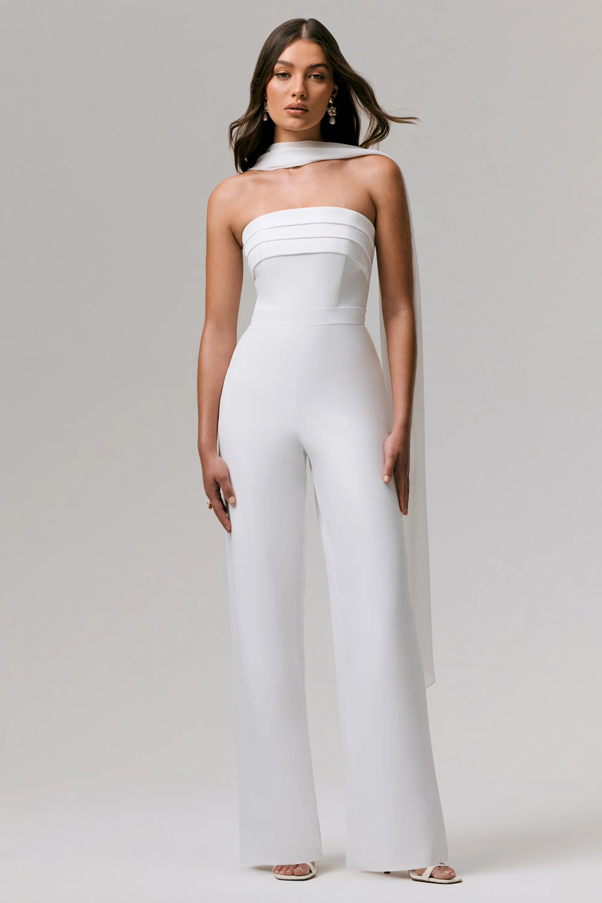 Enchanted | White High-Neck Jumpsuit With Scarf | Club L London