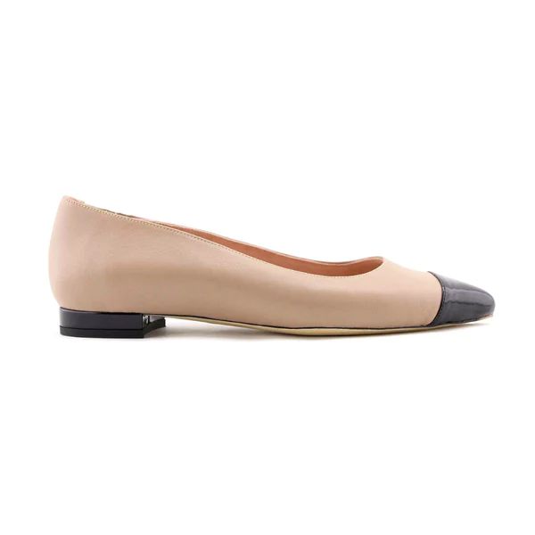 Bossy Beige Leather with Black Patent Leather Cap Toe Flat | ALLY Shoes