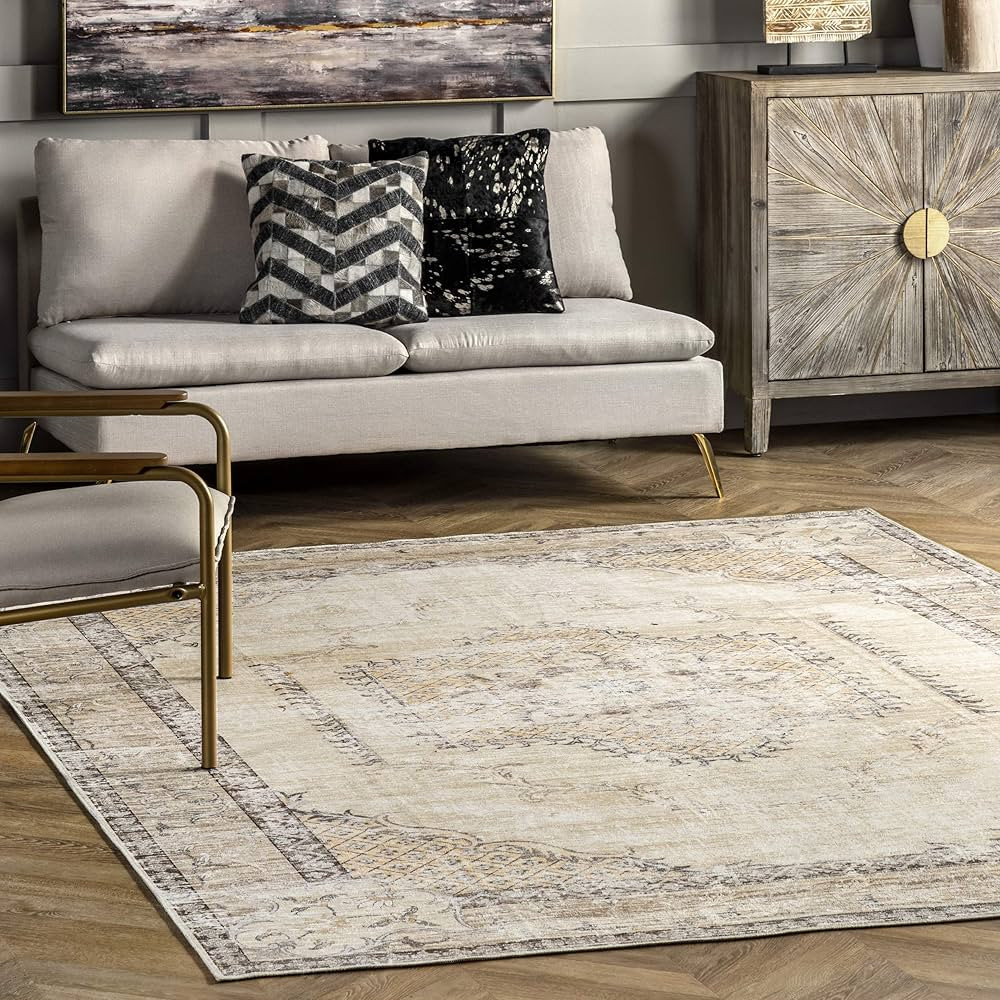 nuLOOM Glenda Machine Washable Faded Medallion Area Rug, 8' x 10', Light Grey | Amazon (US)