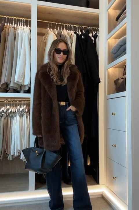 Autumn city chic with River Island 🐻 gorgeous faux fur chocolate brown coat, perfect for wrapping up on those chilly days (I wear size small). These blue jeans are a lovely deep tone for the autumn/winter months, (I wear size 6 long). Styled with a classic black roll neck and black accessories  

#FashionMonth #LTKautumn #LTKstyletip