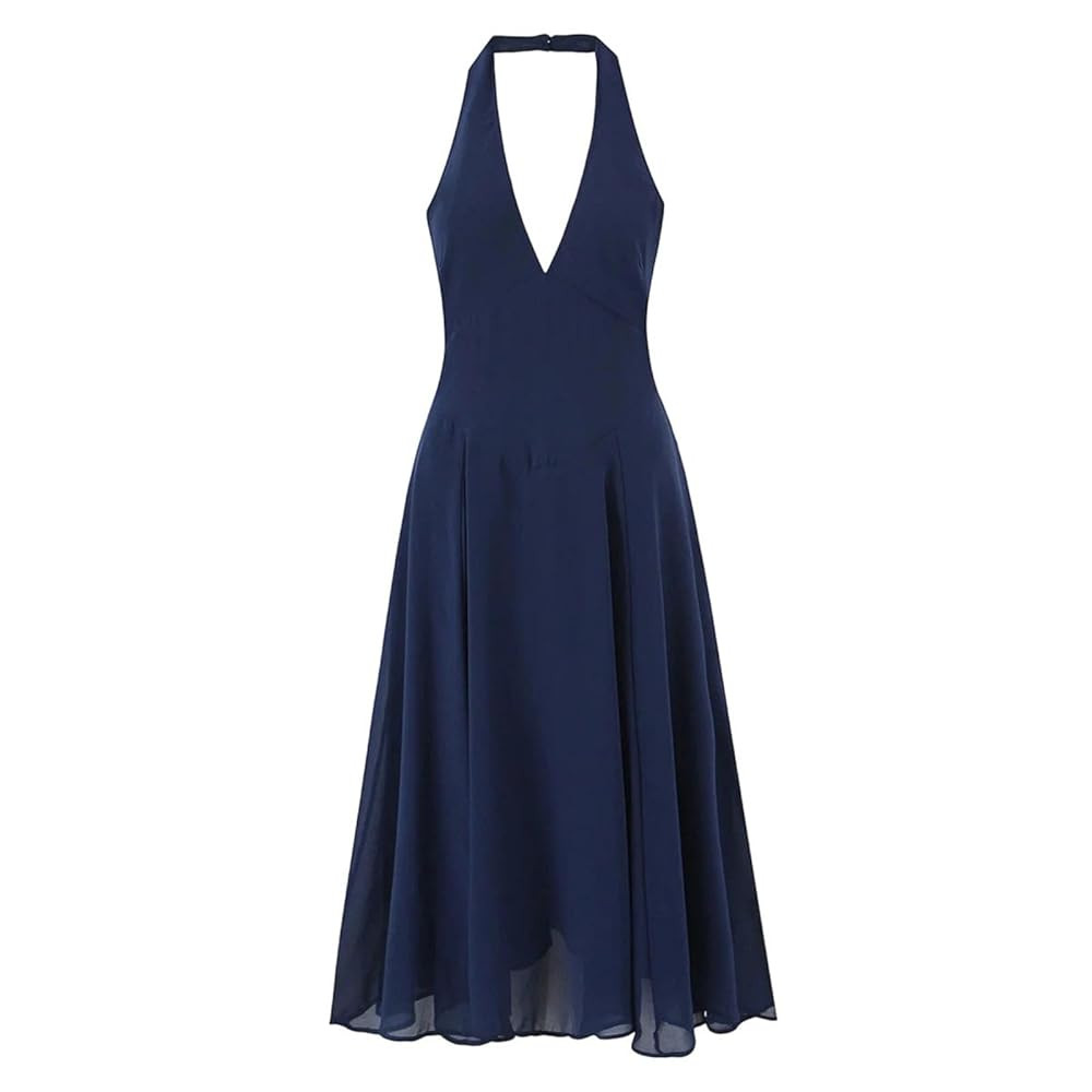 Women Sexy Backless Navy Blue Dress Low Waist A-Line Midi Long Elegant Summer Dresses Holiday Rob... | Amazon (US)