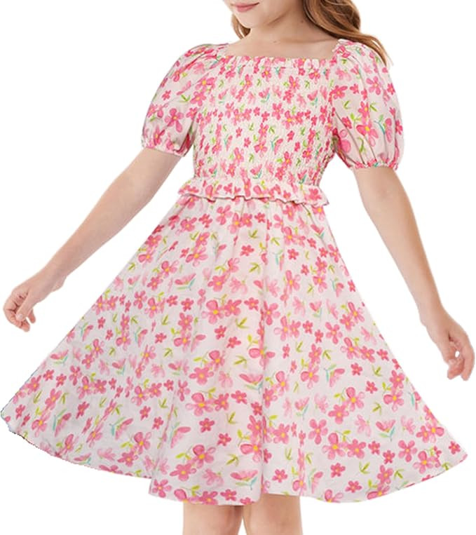 GRACE KARIN Girls Smock Floral Dress Puffy Short Sleeve A-line Spring Summer Holiday Birthday For... | Amazon (US)