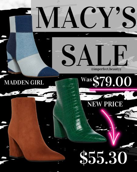 Macy’s Sale!!! These were originally $79, but with Code : FRIEND they are $55.30! Shop the Sale Now!
fall boots, ankle boots, green boots, denim boots, shoe sale, boots sale, online sales, winter boots, heeled boots, women booties, pointed boots

#LTKshoecrush #LTKunder100 #LTKSeasonal