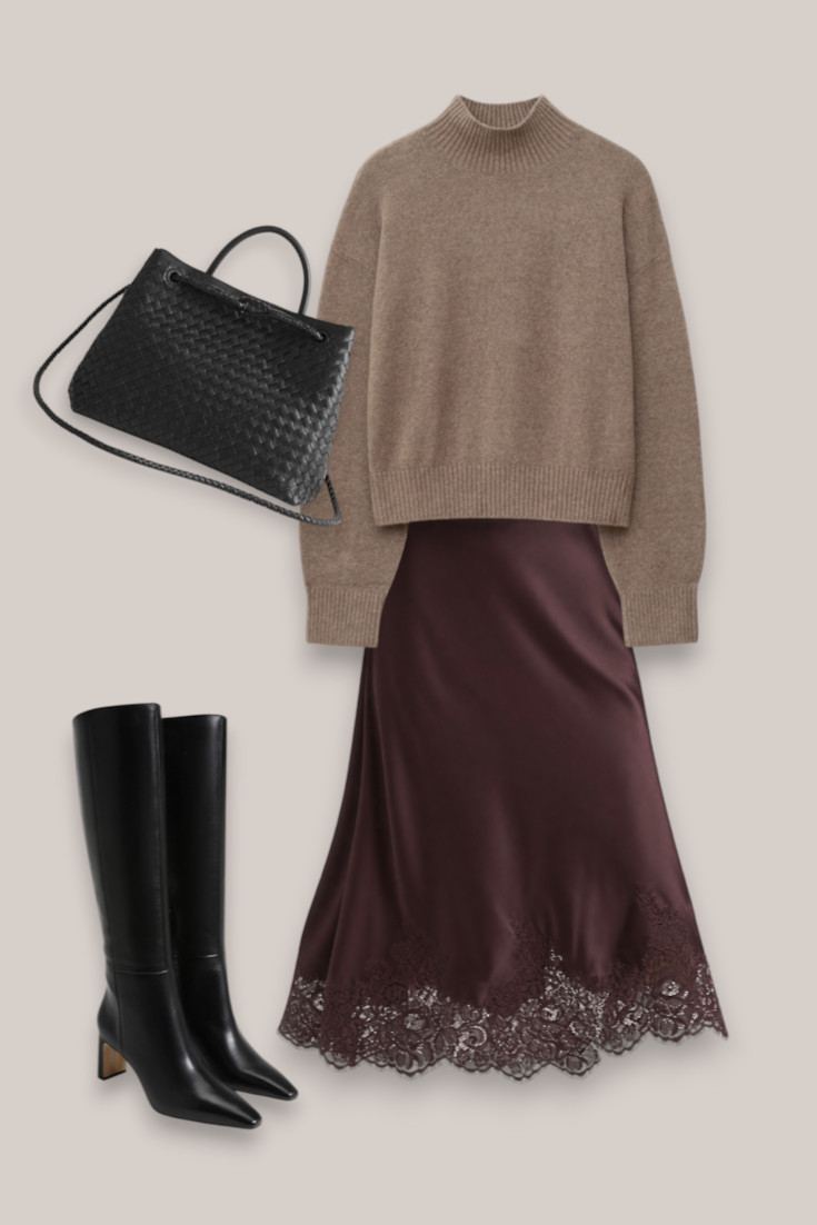 Chocolate brown is having its moment and this lace-trim satin skirt is so good. 🤎 Kept everything else simple with an oversized taupe knit, black knee-high boots and woven bag. Easy, feminine and perfect for winter. 

 #LTKdatenight #LTKpartywear #LTKstyletip