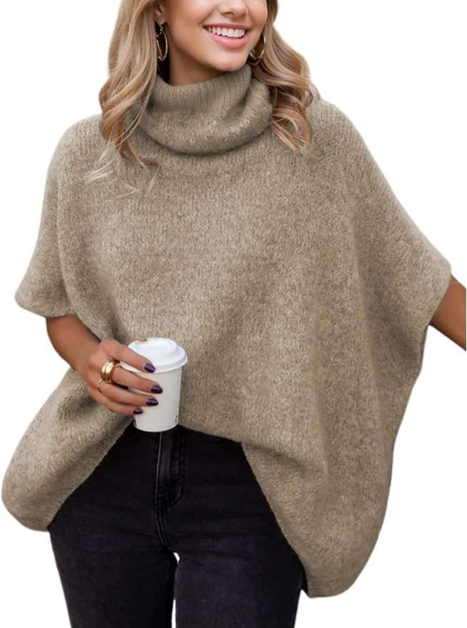 Womens Turtleneck Sweater Oversized Chunky Batwing Sleeve Short Tops | Amazon (US)
