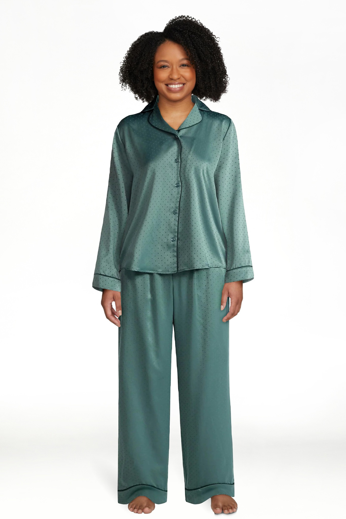 Joyspun Women’s Stretch Satin Notch Long Sleeve Top and Pants Pajama Set, 2-Piece, Sizes XS-3X | Walmart (US)
