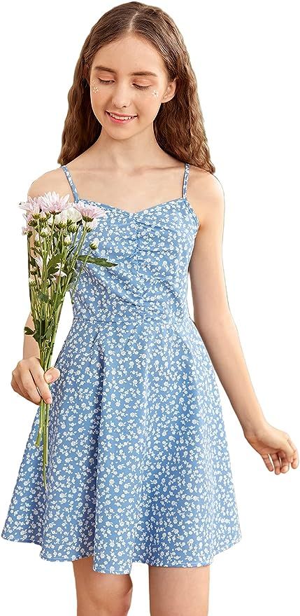 SOLY HUX Girl's Ditsy Floral Print Spaghetti Strap High Waist Flared Cami Dress | Amazon (US)