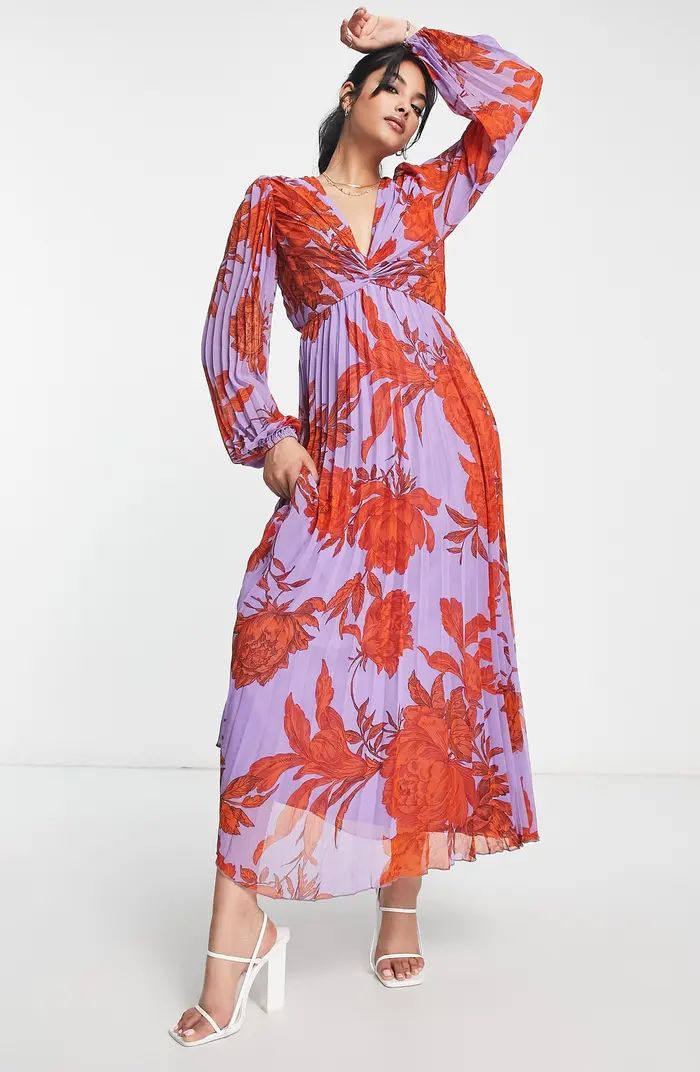 Pleated Floral Long Sleeve Maxi Dress | Nordstrom