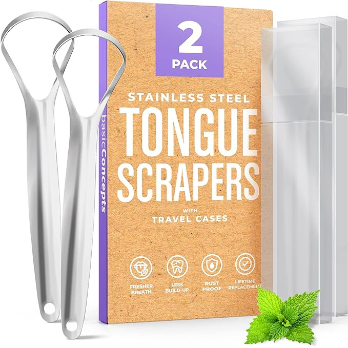 BASIC CONCEPTS Tongue Scraper for Adults (2 Pack), Reduce Bad Breath (Travel Cases Included), Sta... | Amazon (US)