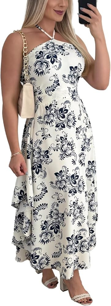 utcoco Summer Dresses for Women 2024 Vacation Back Smocked Cut Out Halter Neck Floral Flowy A Lin... | Amazon (US)