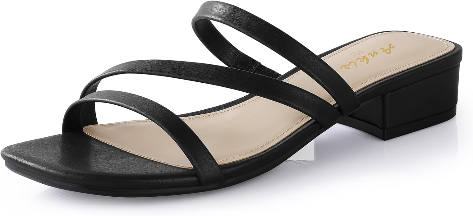Ankis Black Nude White Strappy Heels Women 1 Inch Low Chunky Block Heel Heeled Sandals Square Ope... | Amazon (US)