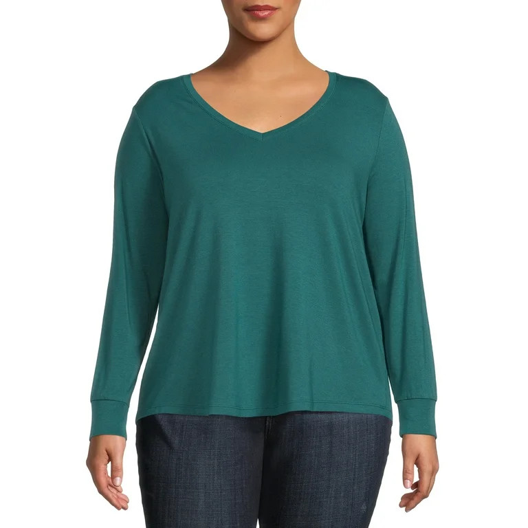 Terra & Sky Women's Plus Size V-Neck T-Shirt with Long Sleeves | Walmart (US)