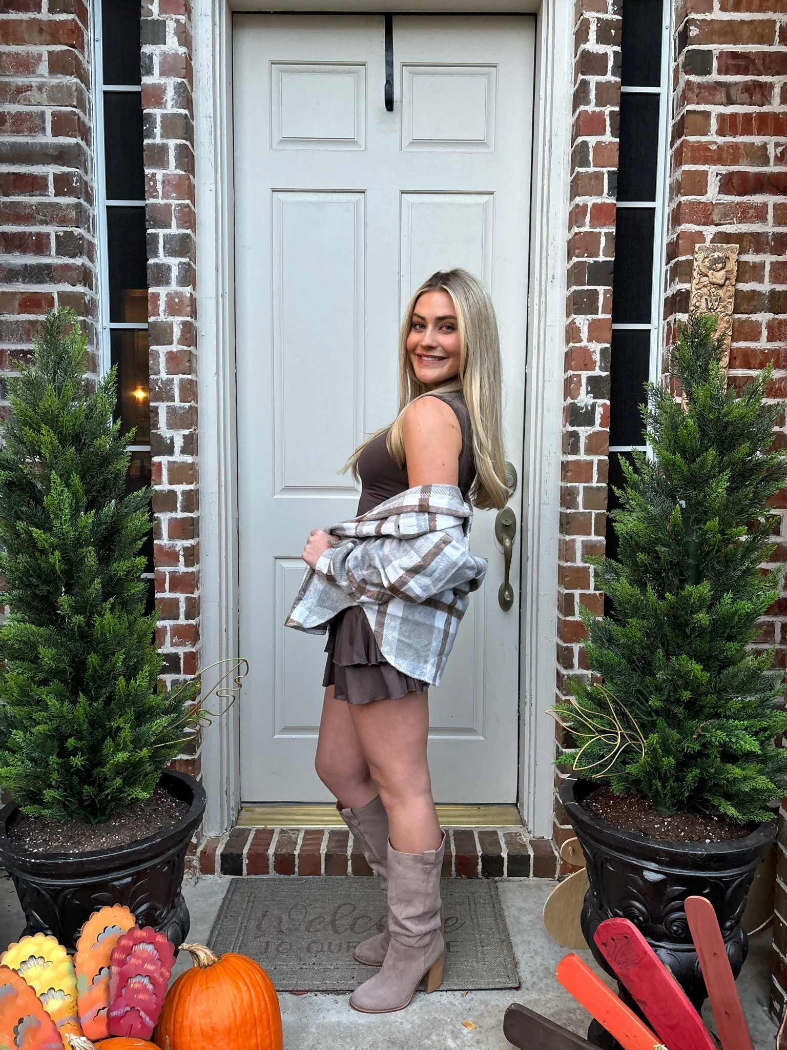Thanksgiving fall outfit (flannel, shacket, grey, brown, beige, white, ruffle mini dress, knee high boots, taupe, suede)

#LTKShoeCrush #LTKSeasonal #LTKHoliday