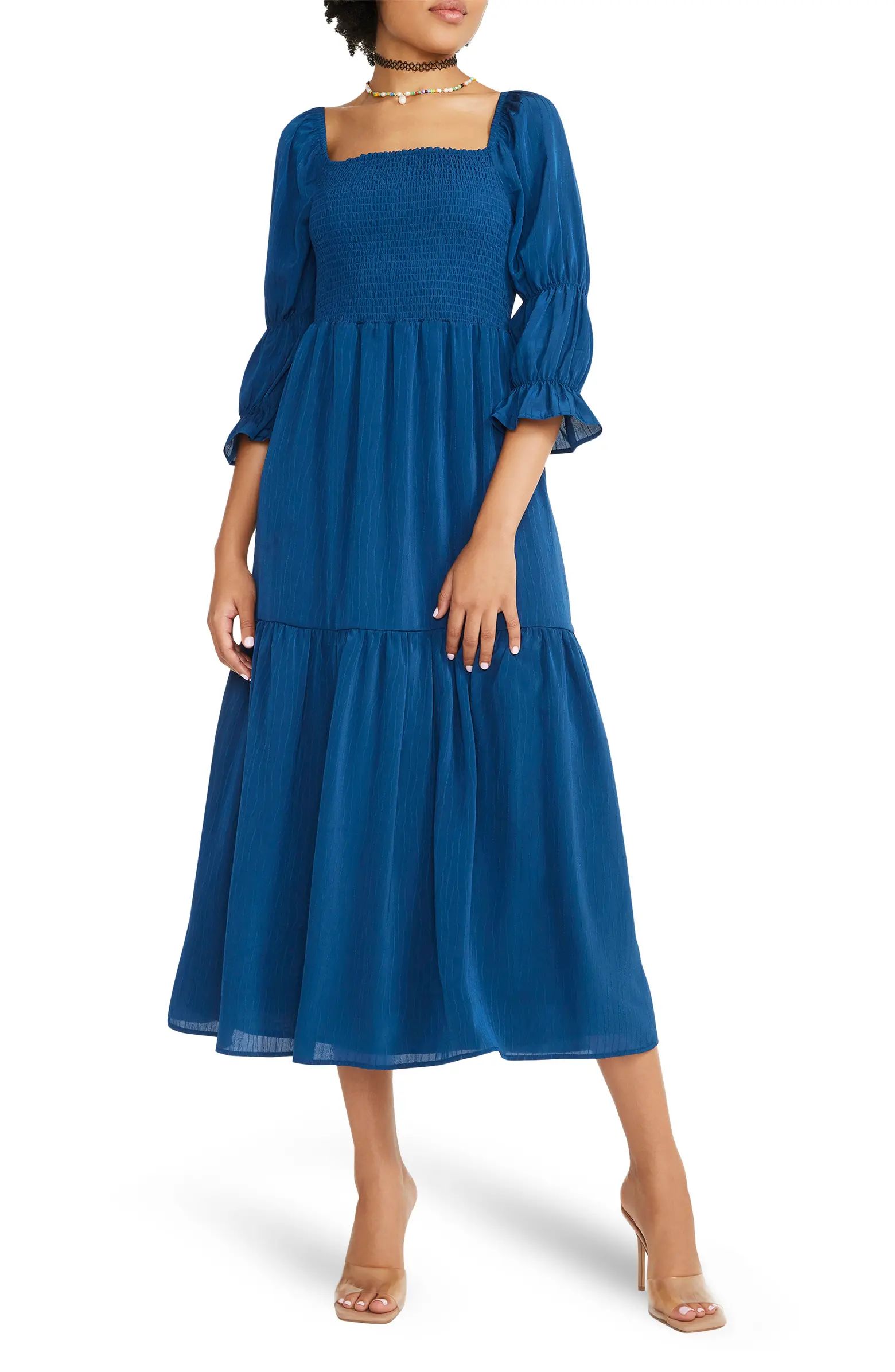 Novelty Woven Double Puff Sleeve Midi Dress | Nordstrom Rack