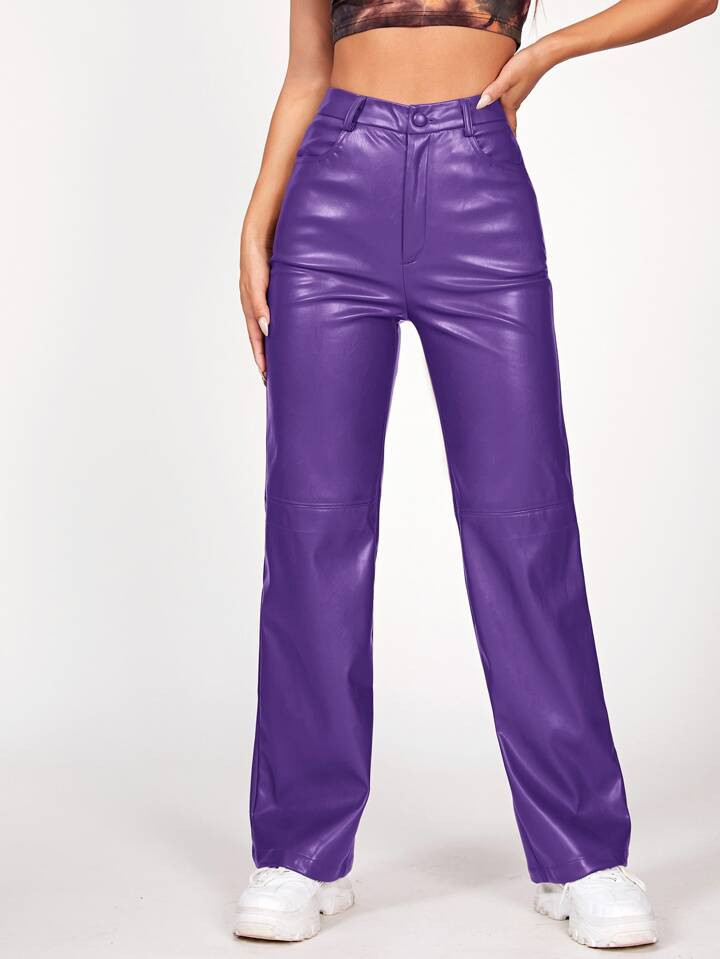 SHEIN PETITE Solid PU Leather Straight Leg Pants | SHEIN
