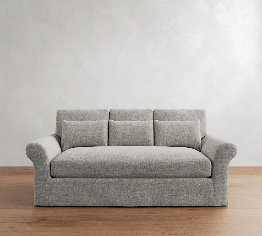 PB Comfort Modern Roll Arm Slipcovered Deep Seat Sofa 82" 3X1, Down Blend Wrapped Cushions, Sunbrella(R) Performance Slub Tweed Ash | Pottery Barn (US)