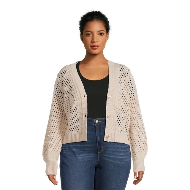 No Boundaries Junior Plus Size Mesh Stitch Cardigan Sweater, Lightweight | Walmart (US)