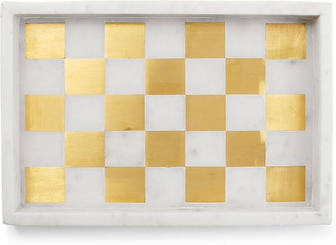 Natural Marble Tray for Bathroom Counter, Decorative Tray with Checkered Inlay Pattern, Stone Tra... | Amazon (US)