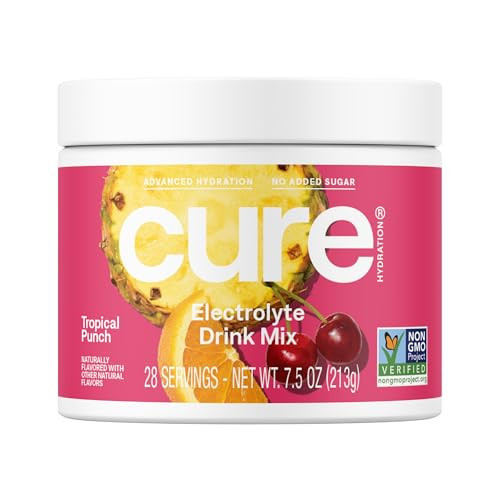 Cure Hydration | Plant-Based Electrolyte Drink Mix | No Added Sugar | Dehydration Relief Powder Made with Coconut Water | Non-GMO | Vegan | 28 Servings Jar - Tropical Punch | Amazon (US)