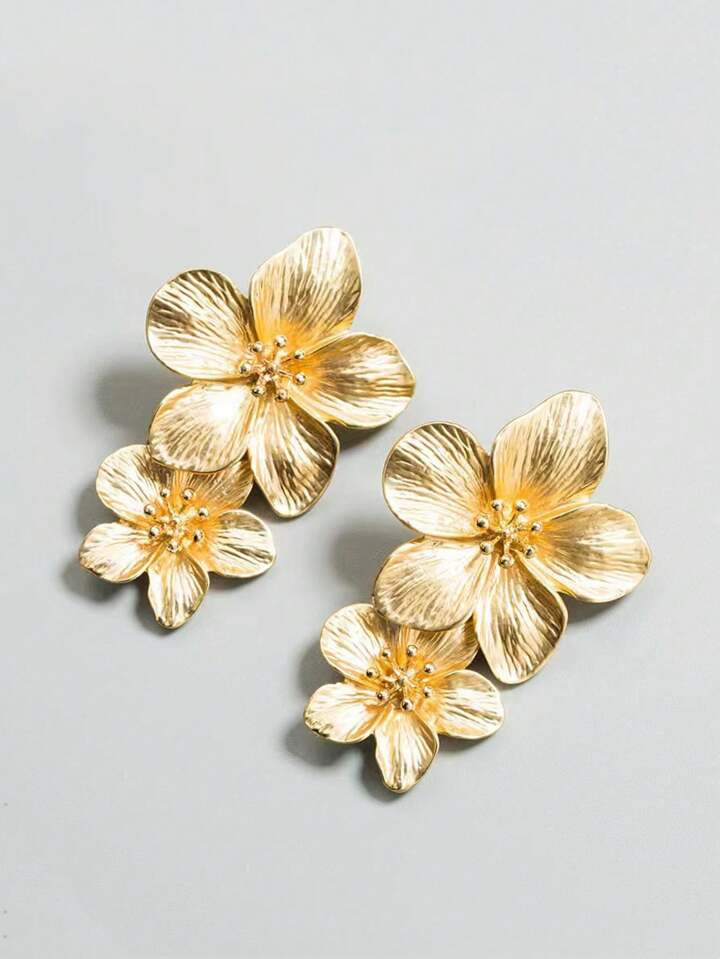 1pair Fashionable And Elegant Flower Shaped Alloy Earrings, Four Seasonal Golden Minimalist Ear D... | SHEIN