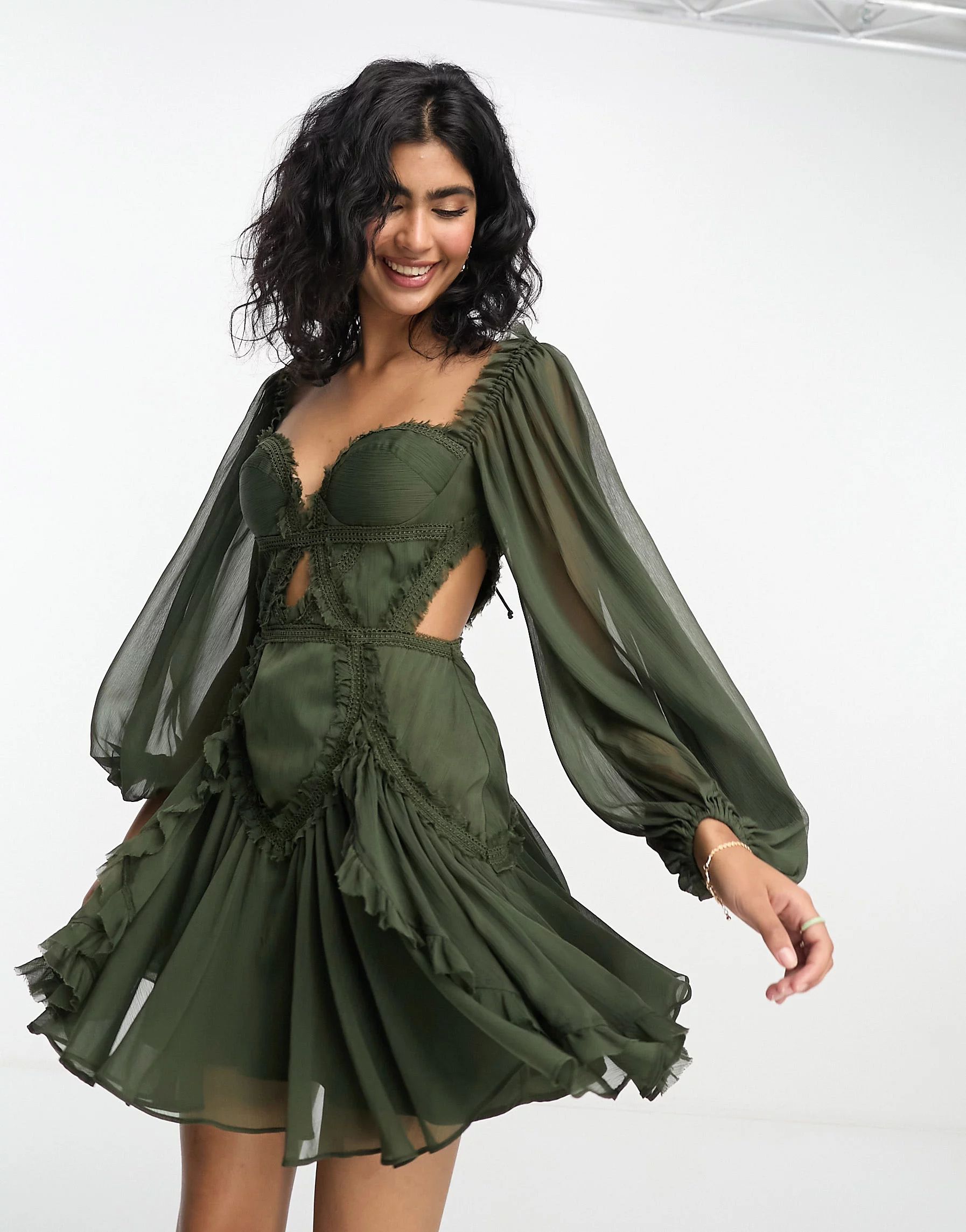 ASOS DESIGN long sleeve shirred corset mini dress with cut out in dark green | ASOS (Global)