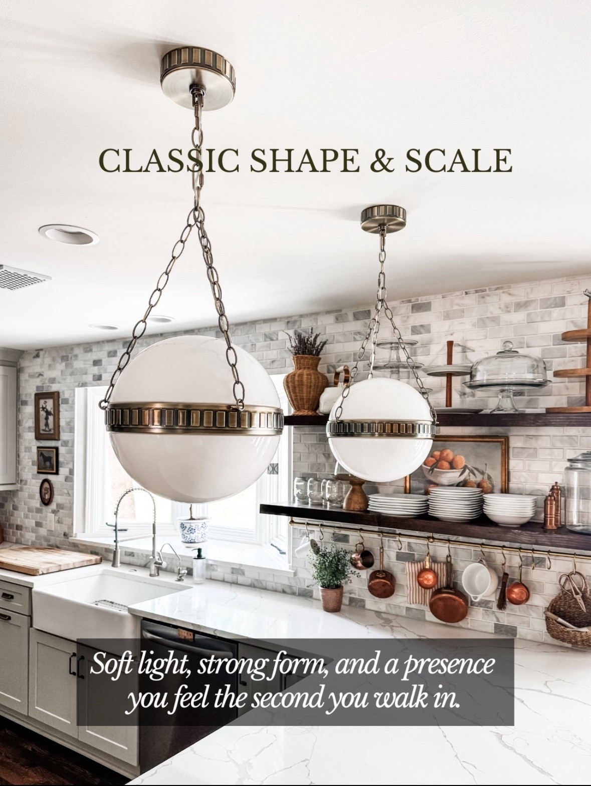 Classic shape, timeless scale 🤍
These globe pendant lights bring soft, diffused light and strong visual balance to this classic kitchen. The brushed brass hardware, chain-hung pendants, and milk glass globes pair beautifully with marble countertops, subway tile backsplash, and open wood shelving styled with copper cookware, ceramic dishes, and vintage-inspired accents. It’s a perfect example of how the right kitchen lighting can anchor the space while still feeling warm, inviting, and livable. Linked on LTK ✨

#eanesinteriors #kitchenlighting #globependants #pendantlighting #classicinteriors #timelessdesign #marblecountertops #subwaytile #openshelving #brushedbrass #kitcheninspo #ltkhome #ltkinspo

#LTKHome #LTKSeasonal #LTKOver40