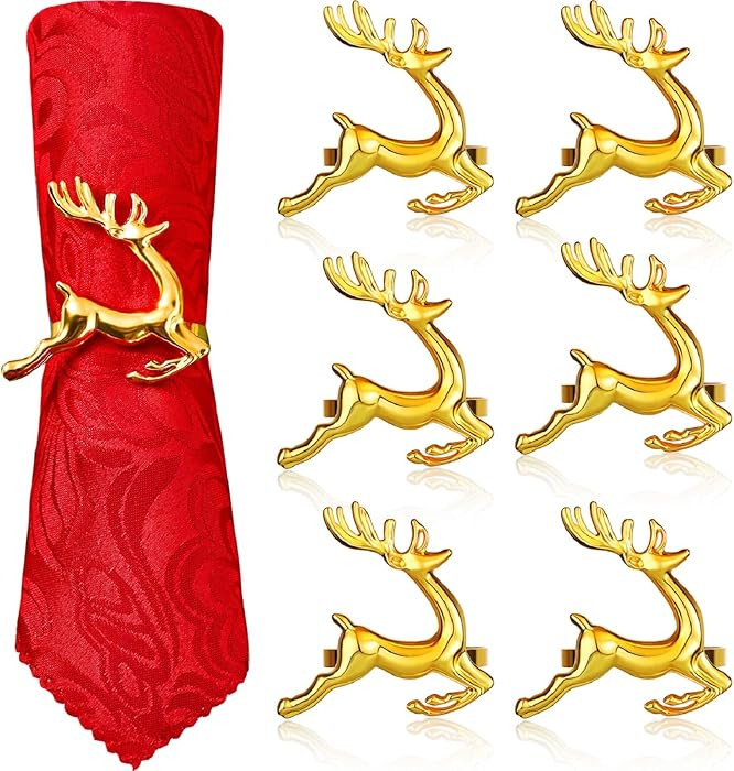 WILLBOND 6 Pcs Deer Napkin Rings Gold Christmas Antler Reindeer Buckle for Cloth Napkins Holiday ... | Amazon (US)