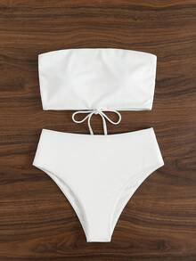 2026 Special Fabric Spring/Summer Women's Halter Backless Tie Vacation White Side High Cut 2 Pieces Bikini Swimsuit | SHEIN