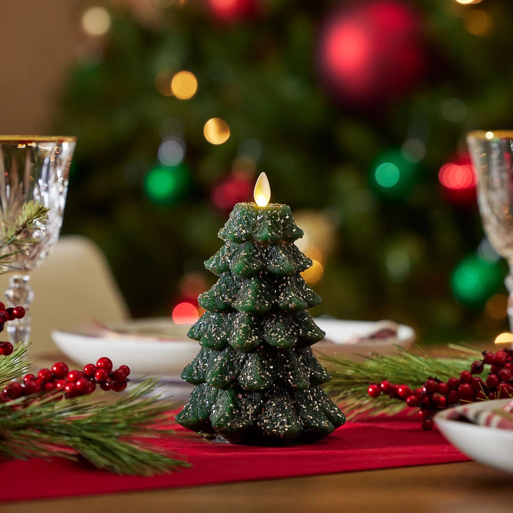 Green Glitter Holiday Tree Flameless Candle | Luminara