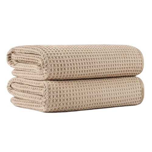 MICROFI New Microfiber Waffle Bath Towels, 2 Pieces, Oversized, Soft, Absorbent, Fast Drying, Lint Free 430 GSM (Beige) | Amazon (US)