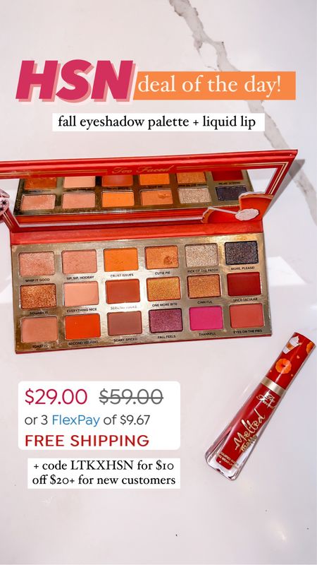 HSN deal of the day!! Too Faced Pumpkin Spice eyeshadow palette + liquid lip are on sale for $29!!! I’d you purchased separately they would be over $70. Plus, use code LTKXHSN for $10 off $20+ for new customers #LoveHSN #HSNInfluencer #ad 

#LTKSeasonal #LTKHalloween #LTKbeauty