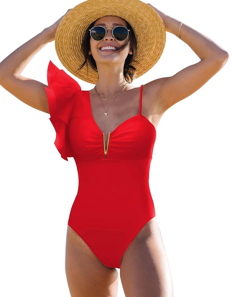 SPORLIKE Women One Piece Swimsuit Ruffle One Shoulder Bathing Suit Padded Monokini | Amazon (US)