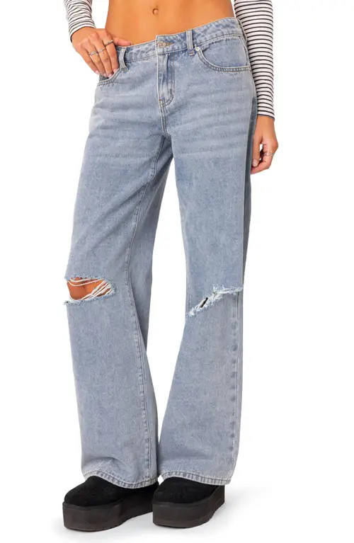 EDIKTED Debbie Ripped Low Rise Wide Leg Jeans in Light-Blue at Nordstrom, Size Small | Nordstrom