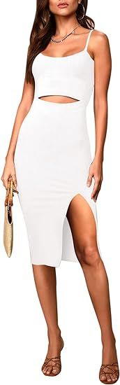 Pink Queen Women's Summer Spaghetti Strap Cutout Side Slit Ribbed Knee Length Bodycon Midi Dress | Amazon (US)