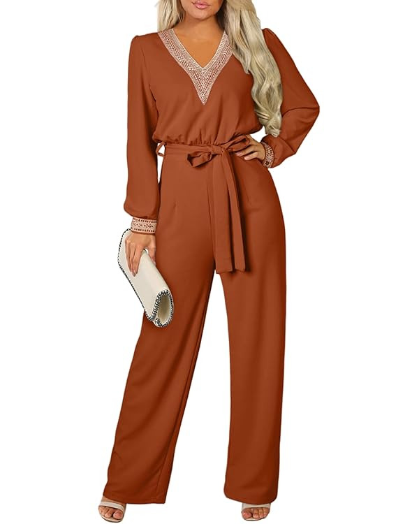 Happy Sailed Womens Jumpsuits Dressy Fashion Lace V Neck Long Sleeve Wide Leg Pants Romper with B... | Amazon (US)