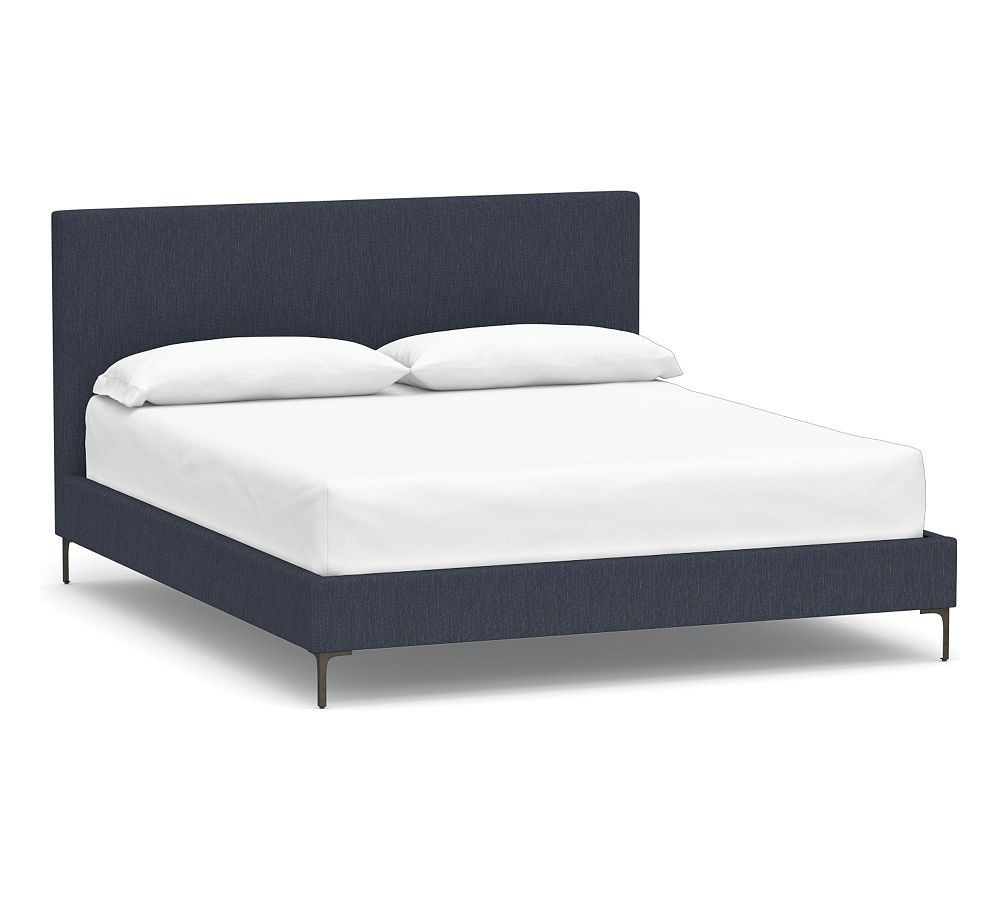 Jake Upholstered Square Bed, California King, Performance Heathered Tweed Indigo | Pottery Barn (US)
