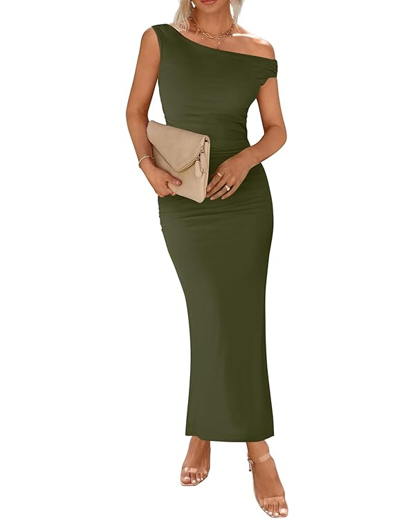 BTFBM Women 2025 Summer One Shoulder Bodycon Ruched Maxi Dress Slit Mesh Long Formal Cocktail Fal... | Amazon (US)