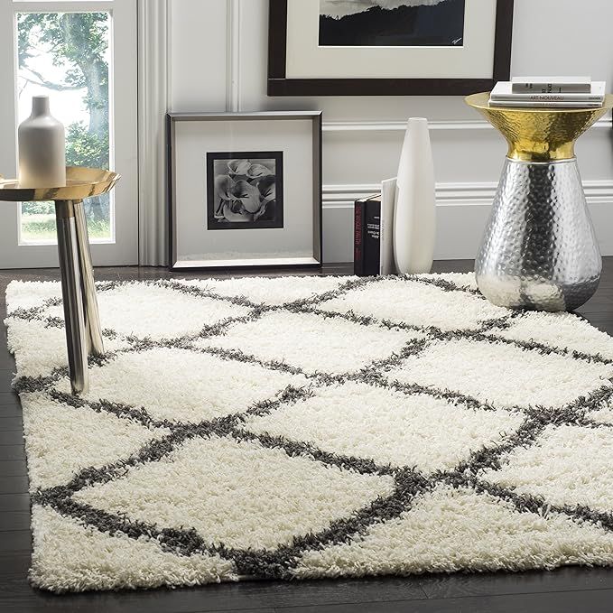 Safavieh Dallas Shag Collection SGD257H Trellis Area Rug, 6' Square, Ivory/Dark Grey | Amazon (US)