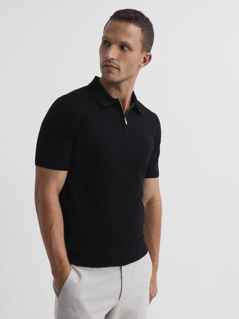 Reiss Black Maxwell Merino Zip Neck Polo | Reiss UK
