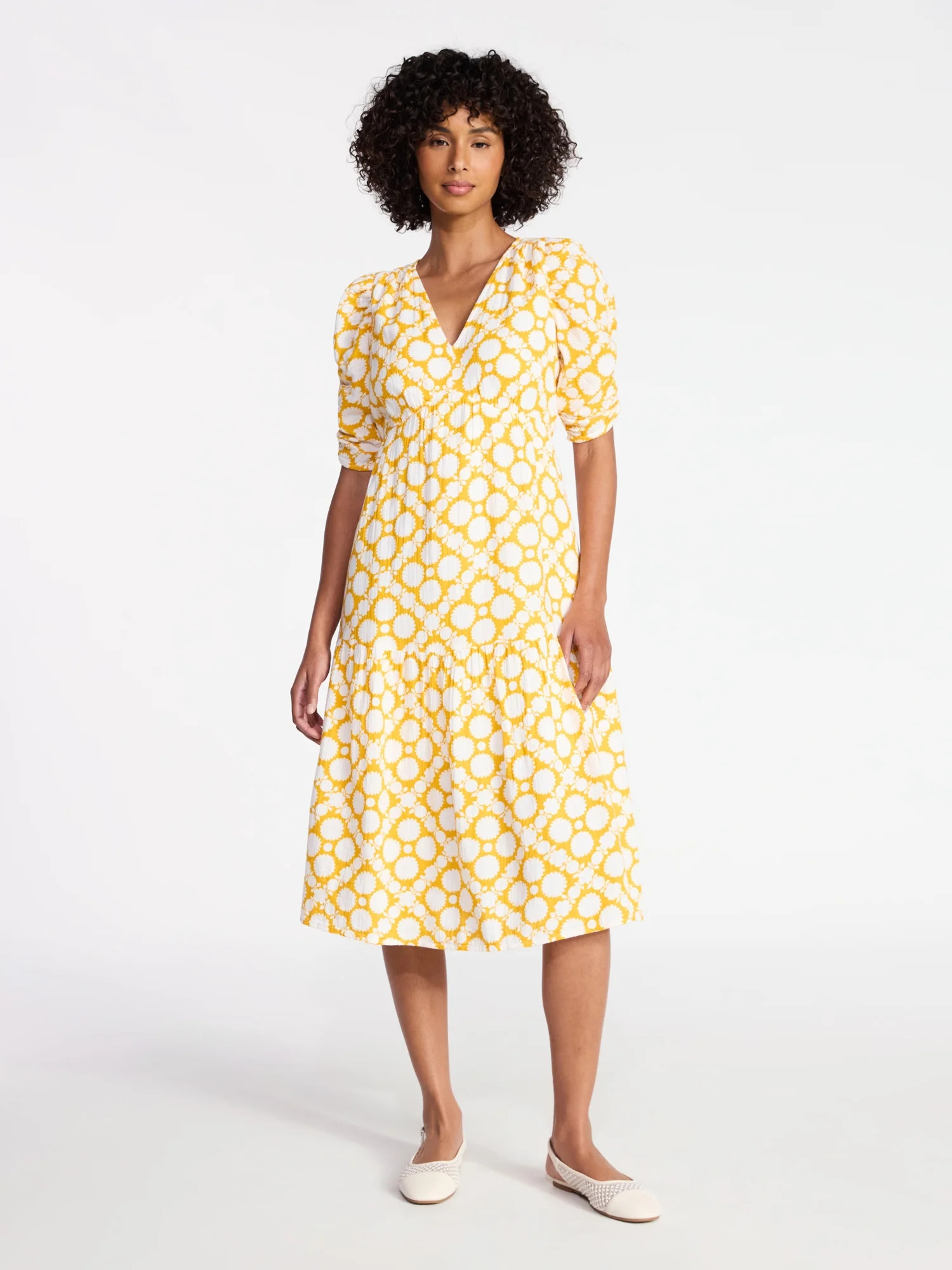 Time and Tru Women's Cotton Tiered Midi Dress with Elbow Length Sleeves, Sizes XS-XXXL | Walmart (US)