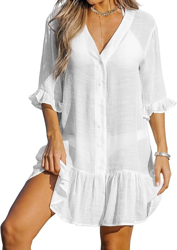 CUPSHE Women's V Neck Ruffled Cover Up Button Down Bathing Suit Beach Dress with Short Sleeves | Amazon (US)