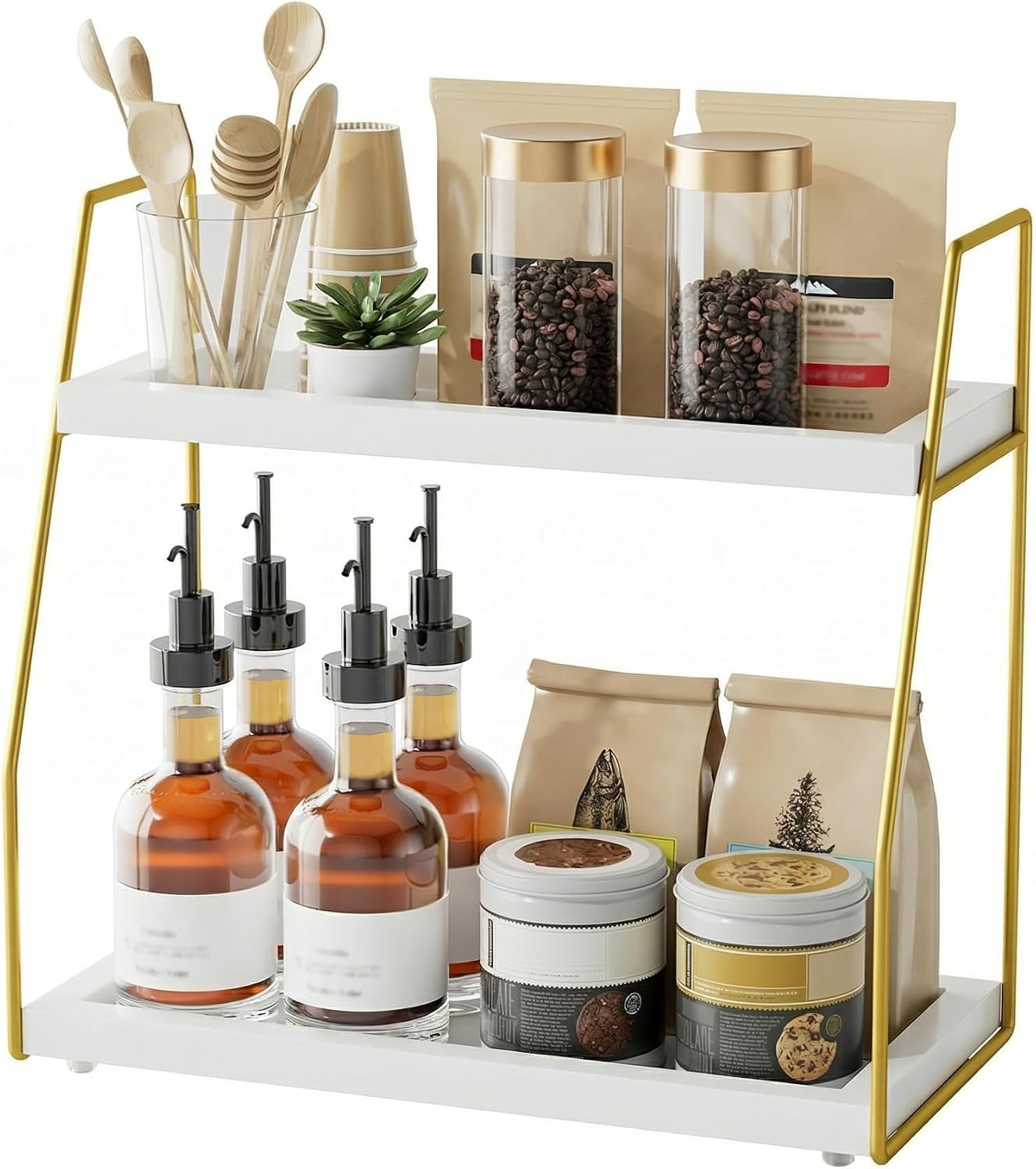 Coffee Organizer Station for Countertop, 2 Tier Coffee Accessories for Coffee Bar, Wooden Shelf Gold Metal Station Organizer for Countertop, Kitchen | Amazon (US)