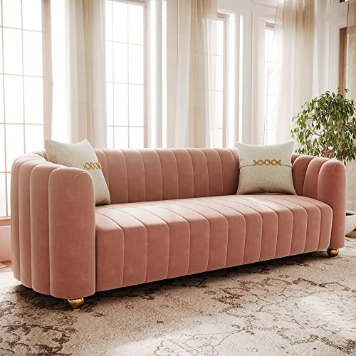 yunqishi KEAI 83.46" Pink Velvet Couch for Living Room Large Modern Pink Sofa with Gold Metal Sphere Legs Comfy 3 Seater Cute Sherpa Pink Couches for Bedroom Office (Pink) | Amazon (US)