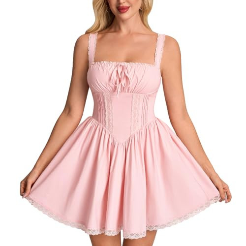 Auraxe Women's Summer Mini Dress Corset Lace A Line Graduation Party Dresses 2026 Cute Sleeveless Square Neck Short Sundress Pink | Amazon (US)