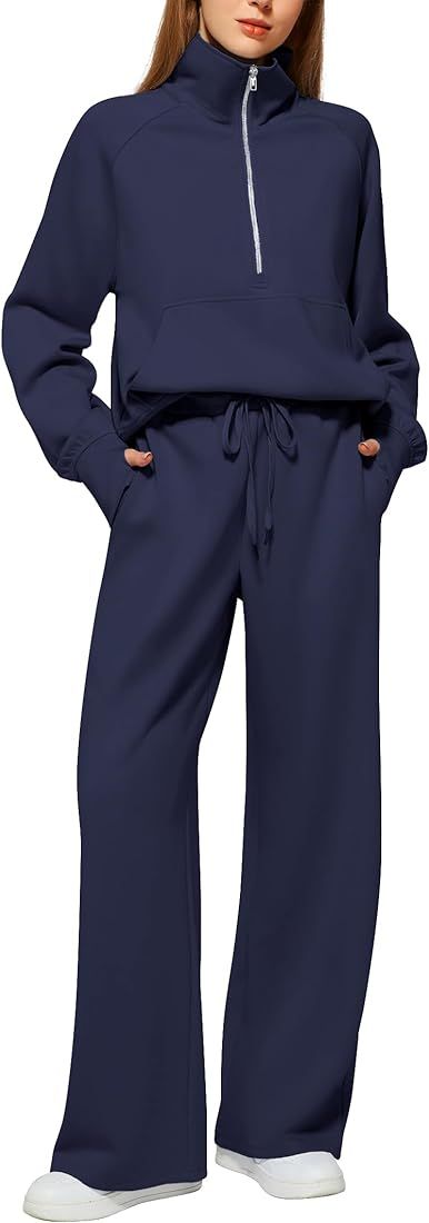 Casly Lamiit Women's 2 Piece Outfits Lounge Set 2023 Oversized Half Zip Sweatshirt Wide Leg Sweat... | Amazon (US)